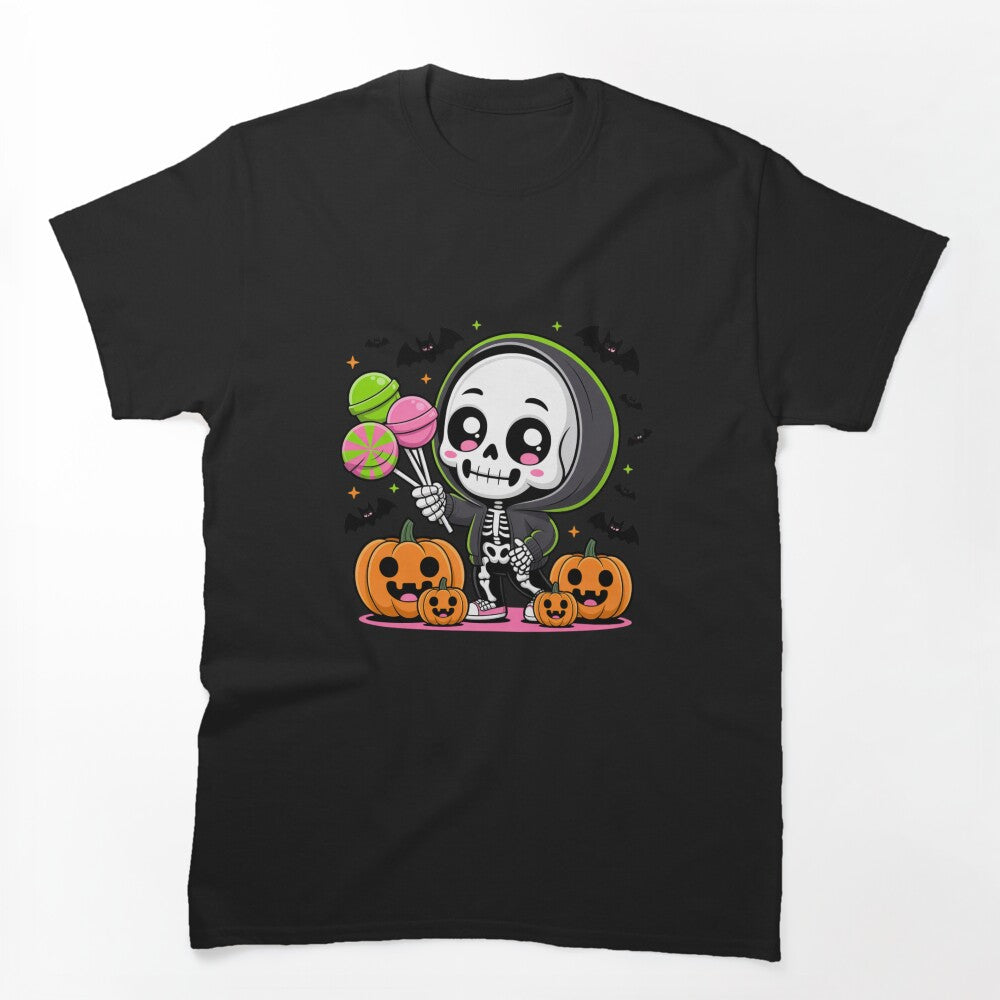 Cute Chibi Skeleton in Hoodie with Candy Lollipops | Kawaii Halloween Pumpkin & Bat Art by ColorSplash123