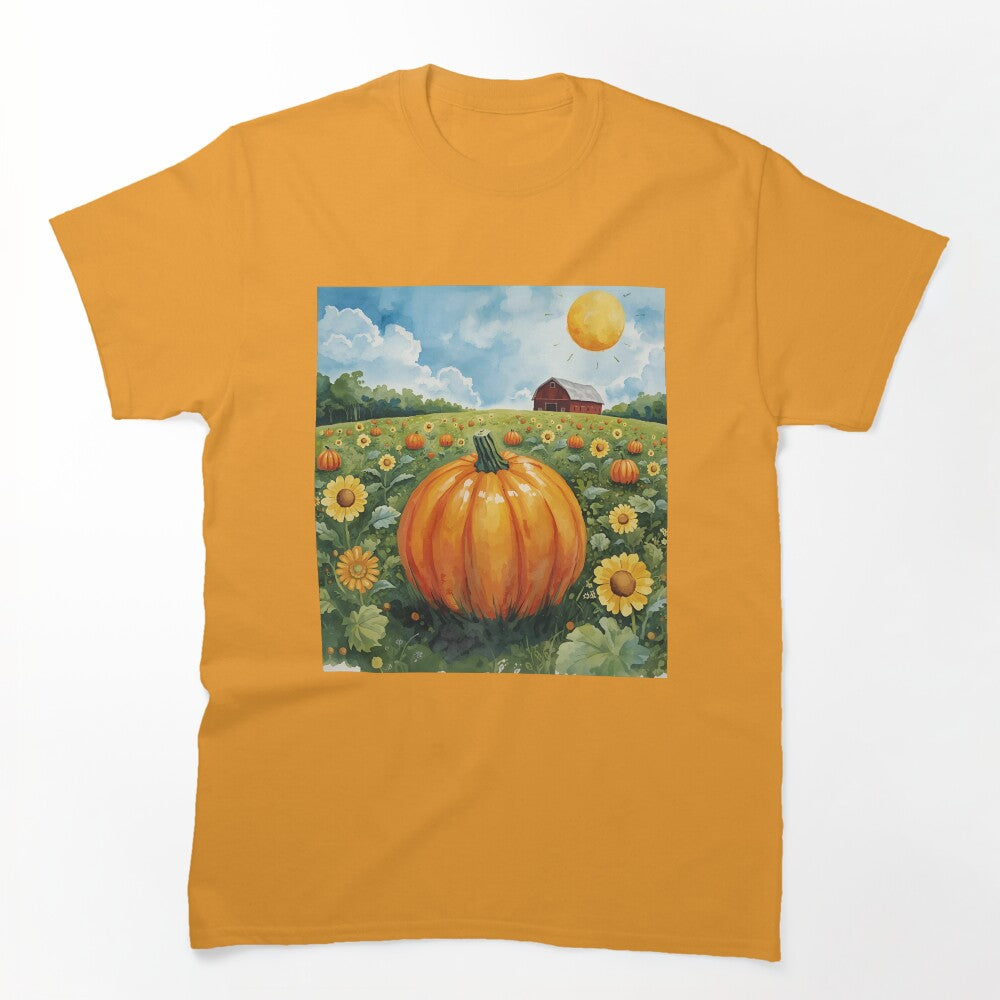 Pumpkin patch with a red barn in the background t-shirt by Rise Together Tees
