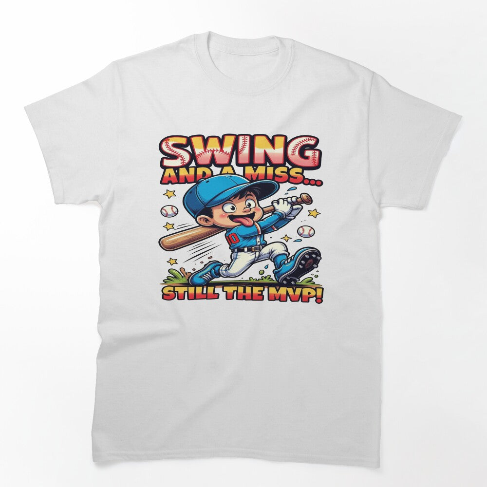 Swing and a Miss Still the MVP Funny Baseball T-Shirt | Cute Cartoon Baseball Player Graphic Tee | Baseball Fan Gift by Sushikidsntoddlers