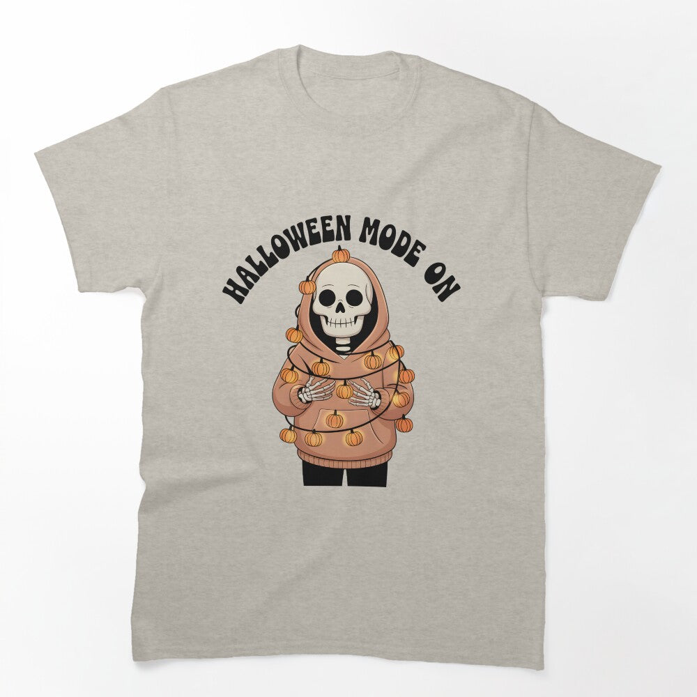 Halloween Mode On Skeleton Wrapped in Lights – Funny Spooky T-Shirt by Raw Tigers