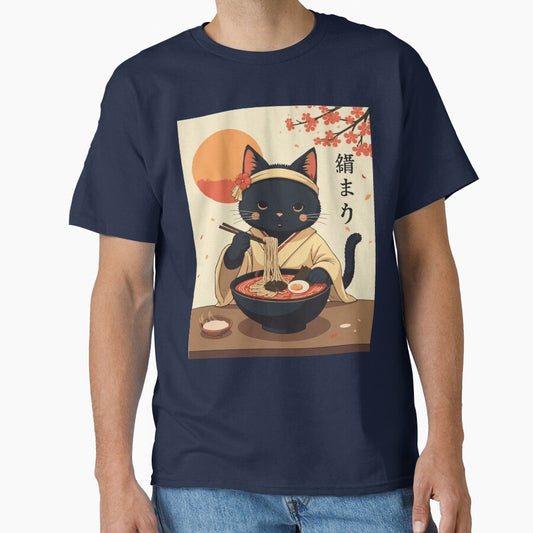 Elegant Black Cat Ramen Japanese Art | Dreamy Neko Flower Headband Falling Petals | Vintage Anime Cat Ramen Bowl Japanese Gift by DeeDouu