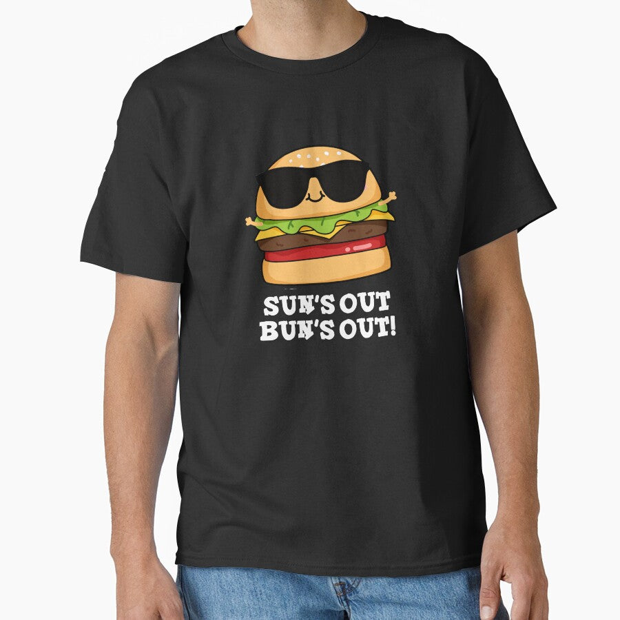 Sun's Out Bun's Out Funny Burger Puns (Dark BG) by punnybone