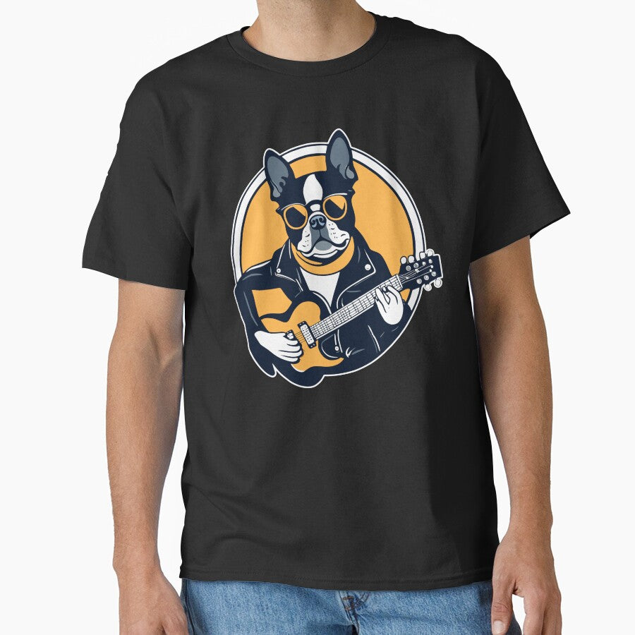 Boston Terrier Playing Guitar Wearing Sunglasses by Ameiva-Apparel