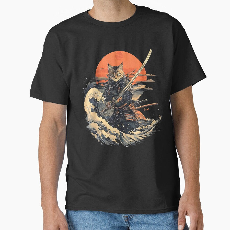Samurai Cat Graphic Tee Warrior Vintage Japanese Art Anime by BASKF