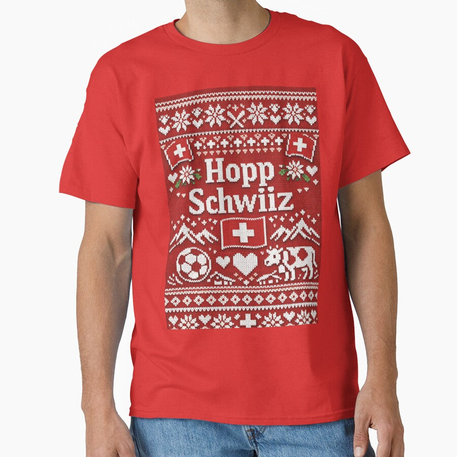 Hopp Schwiiz knitting design with cow and mountains by Mauswohn