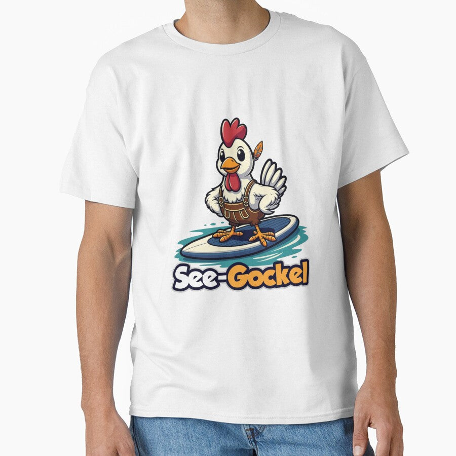 Bavarian Surf Rooster – Funny Lake Life – Alpine Surfer Chicken by KerstlOnTheWing