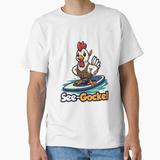 Bavarian Surf Rooster – Funny Lake Life – Alpine Surfer Chicken by KerstlOnTheWing