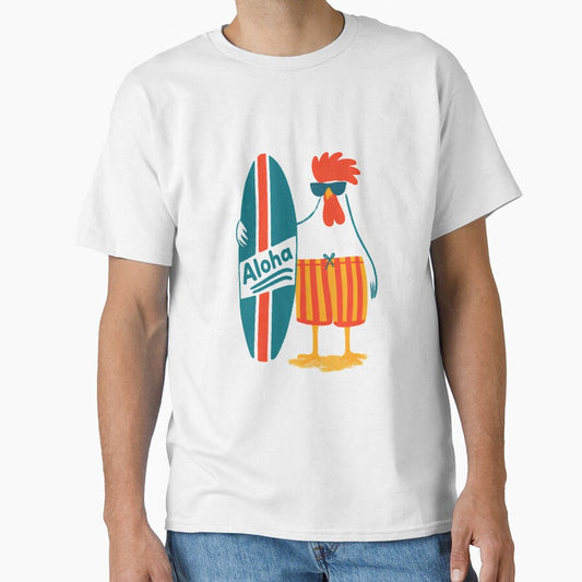 Surfing Rooster Aloha — Funny Summer Chicken with Surfboard Illustration by Colorful-Garden
