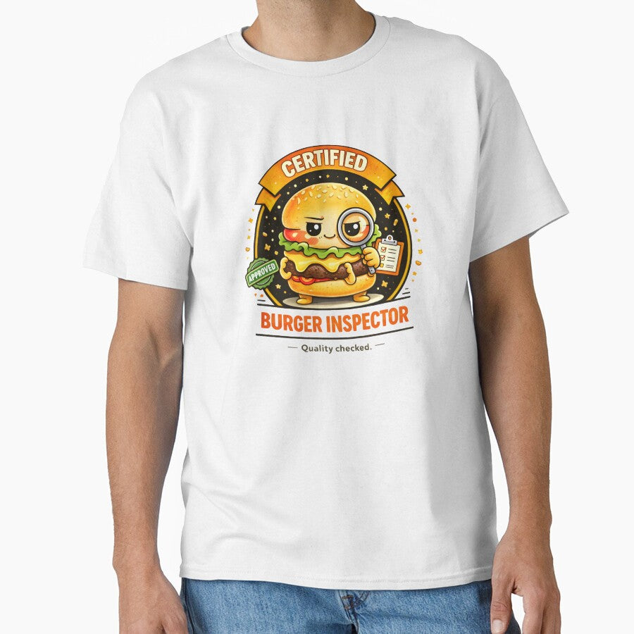 Certified Burger Inspector – Funny Burger Mascot Food Humor Design by Snackwear Apparel