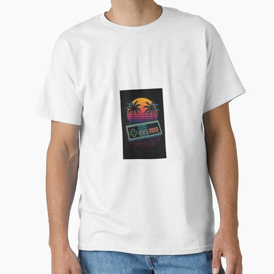 “retro gaming controller with 80s sunset background, neon colors, palm trees, vaporwave style, vintage design, distressed texture, t-shirt graphic, high resolution” by piyushpr7