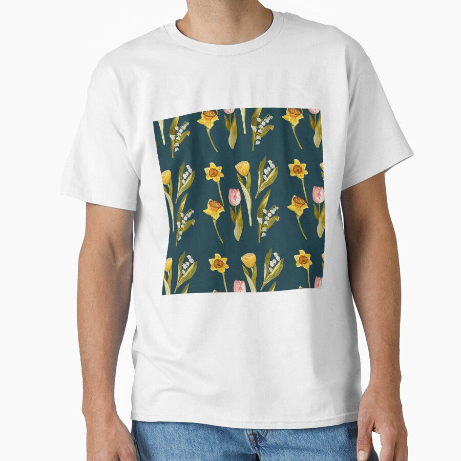 Daffodil tulip snowdrop Easter a seamless pattern blue by Yana Mustafina | Boho Soulful Designs