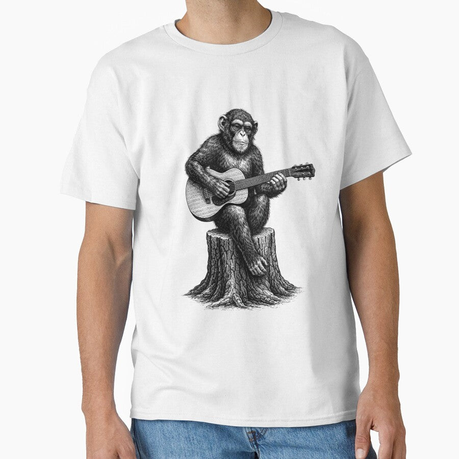 Realistic Monkey Playing Guitar – Black and White Engraving Illustration by PrintoraSpirit