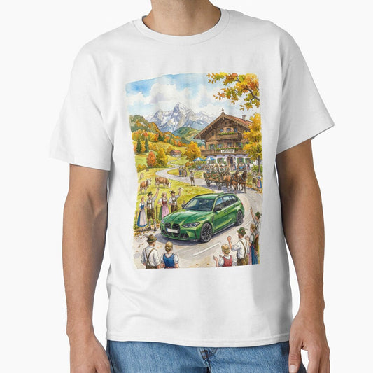 Modern touring car passing a festive mountain inn by RevUpDesign