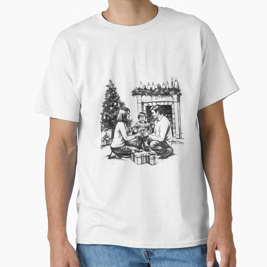 Cozy Family Christmas Morning – Black and White Holiday Illustration by inkoutninja