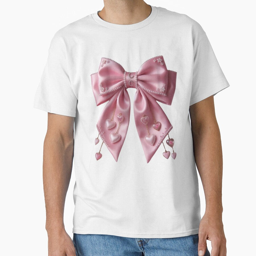 Large elegant pink satin coquette bow with tiny pearls and dangling hearts, soft girl aesthetic by polo-designs