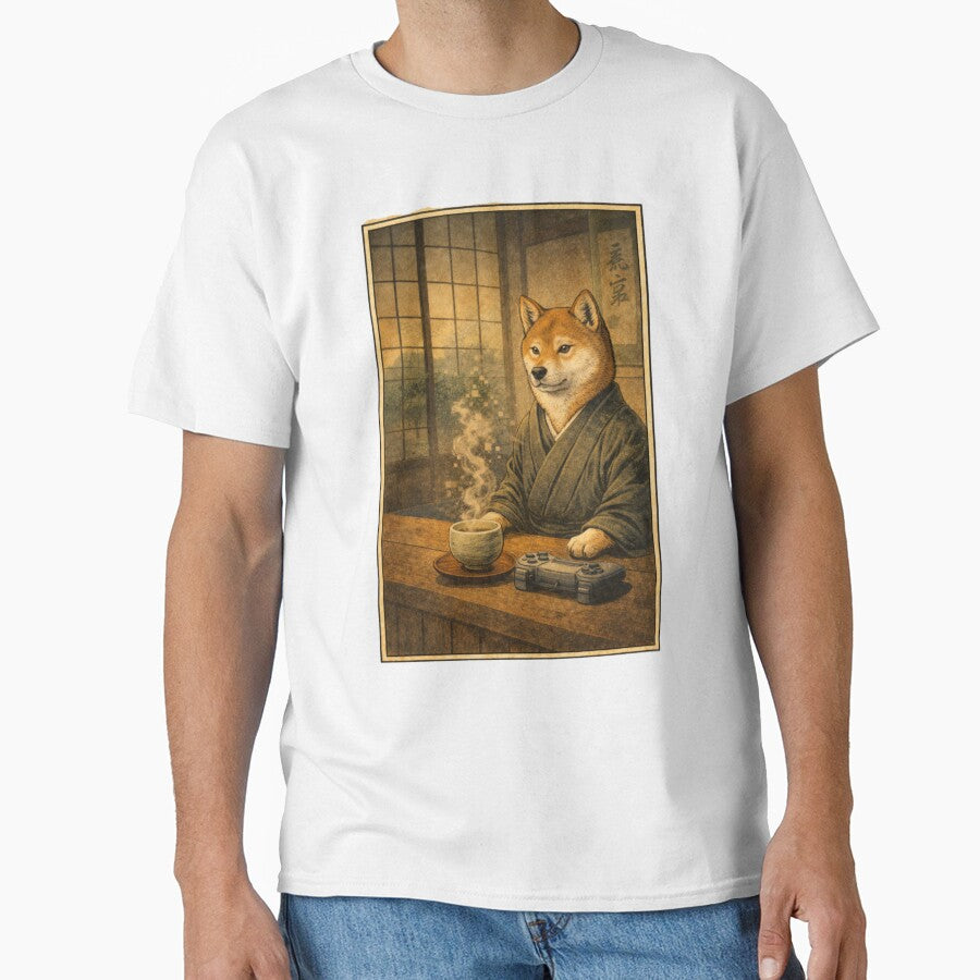 Zen Gamer Shiba – Samurai Dog Digital Art | Japanese Aesthetic Gaming T-Shirt by VireonTees