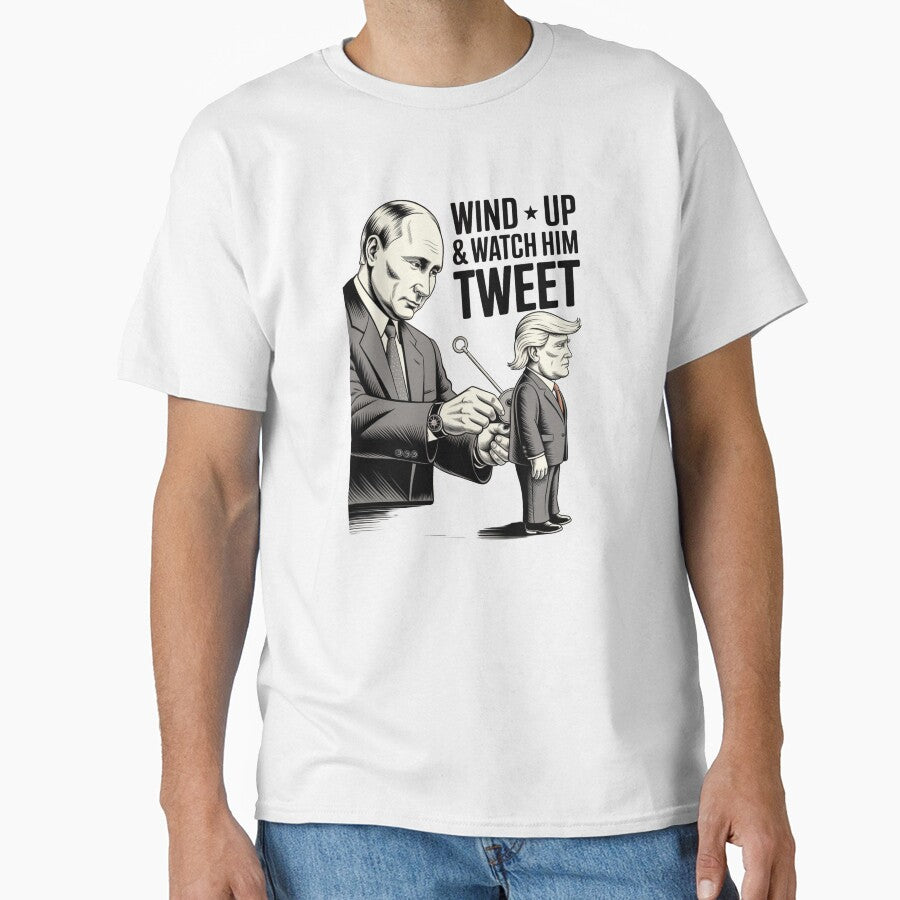 "Wind Up & Watch Him Tweet – Anti-Trump Putin Puppet Political Cartoon T-Shirt" by COWELLM
