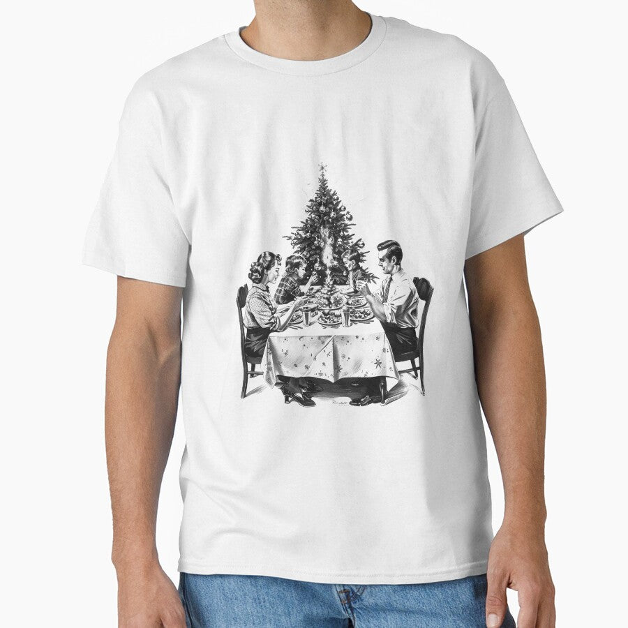 Vintage Family Christmas Dinner – Black and White Holiday Illustration by inkoutninja