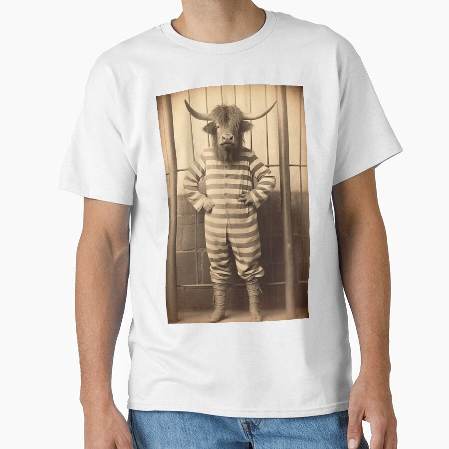 Highland Cow in Jail in a Striped Prison Suit, Funny Vintage by CheekyAnimalz