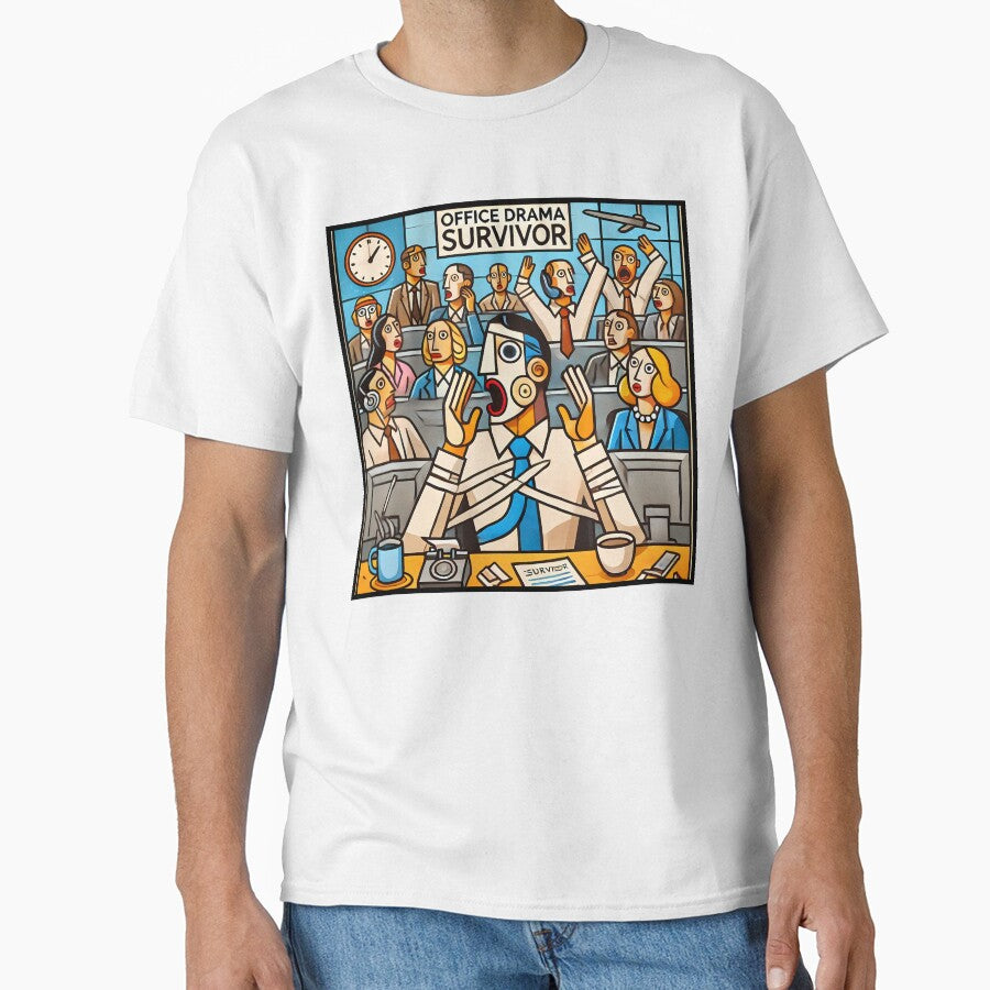 Office Drama Survivor – Funny Cubism Art T-Shirt by OzzFrequency