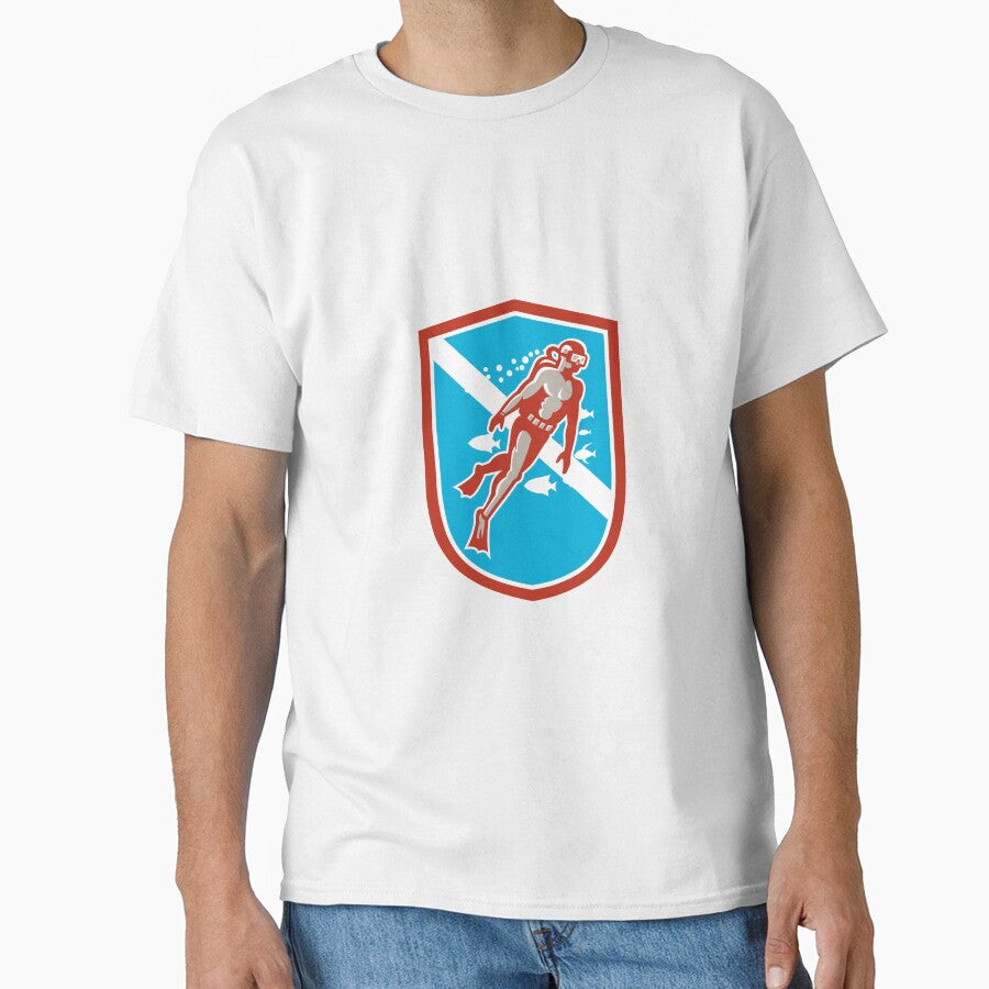 Scuba Diver Diving Going Up Shield Retro by patrimonio