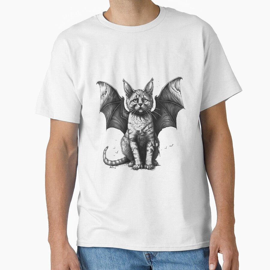Bat Wing Cat Black and White Gothic Fantasy Animal Illustration by inkoutninja