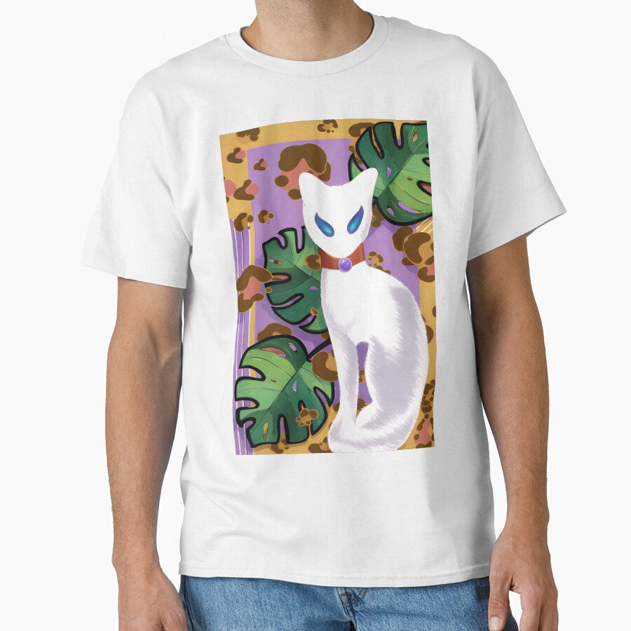 Mystic White Cat with Monstera Leaves by Artondra Hall