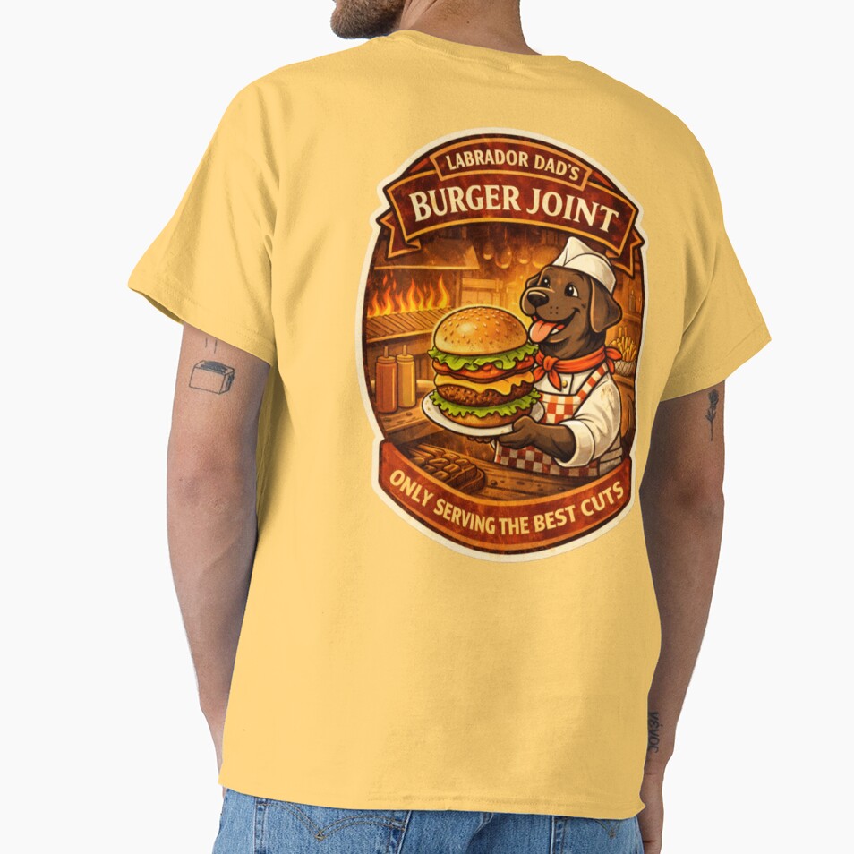 Labrador Dad's Burger Joint | Chocolate Lab Chef Vintage Badge | Funny Dog Burger Lover Gift by PawPrintCustom