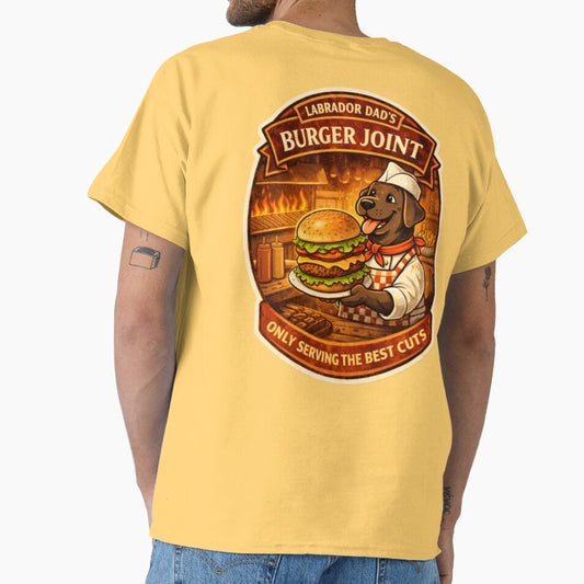 Labrador Dad's Burger Joint | Chocolate Lab Chef Vintage Badge | Funny Dog Burger Lover Gift by PawPrintCustom