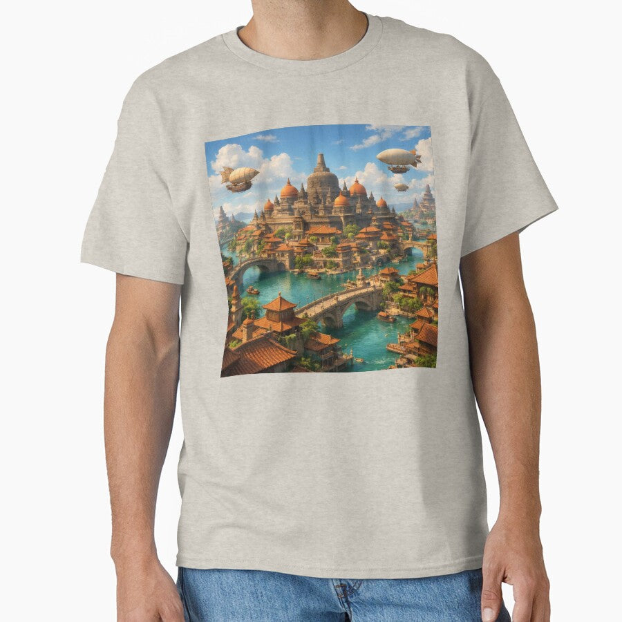 Fantasy Java Sky City – Magical Island Cityscape Wall Art with Airships by Spiritveil