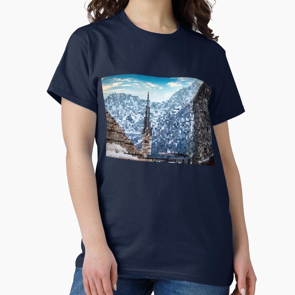 Pixelated Mountainous Winter Church Scene by Potato Quality Prints