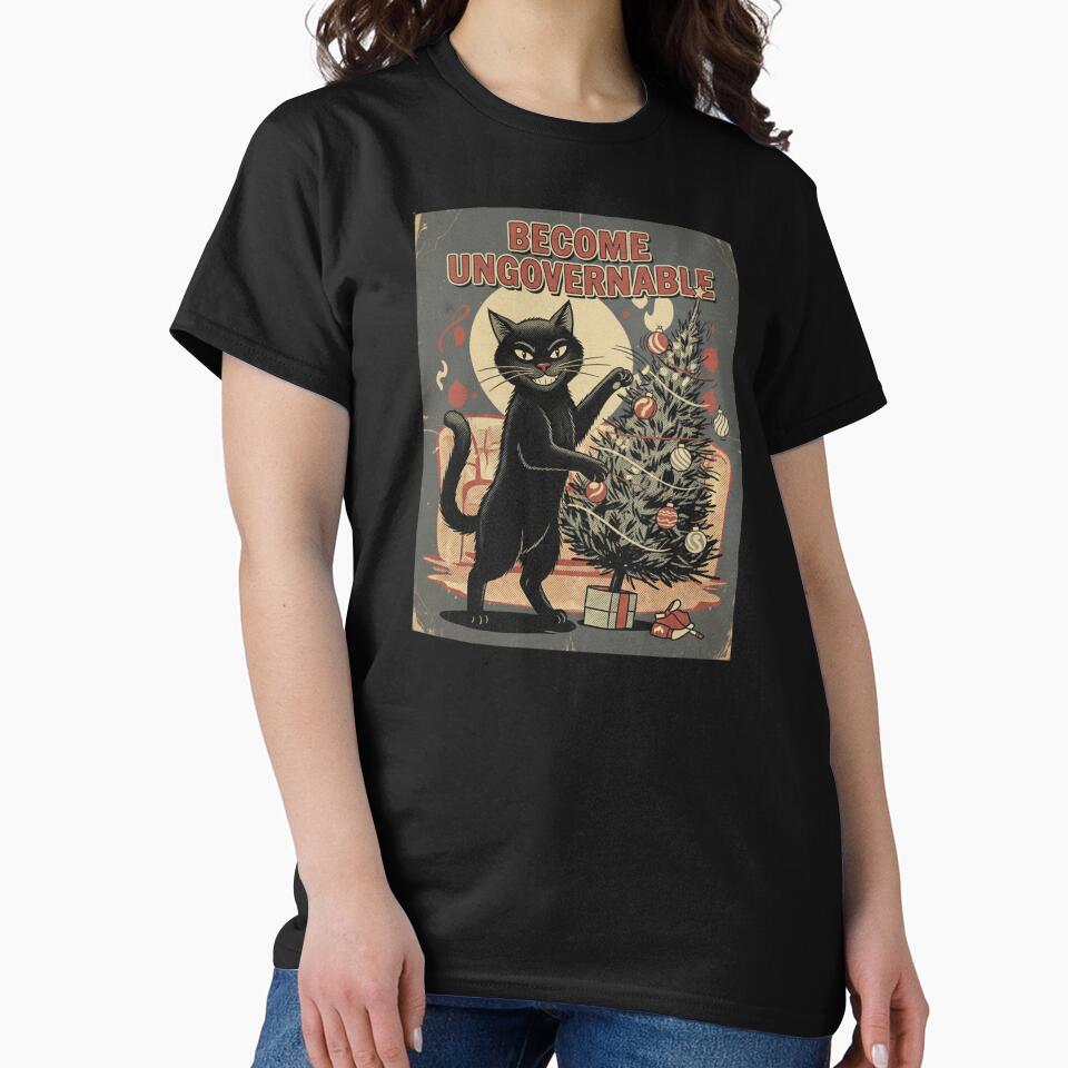 Become Ungovernable Cat – Funny Christmas Black Cat Vintage Halftone Tee by RDRdesign