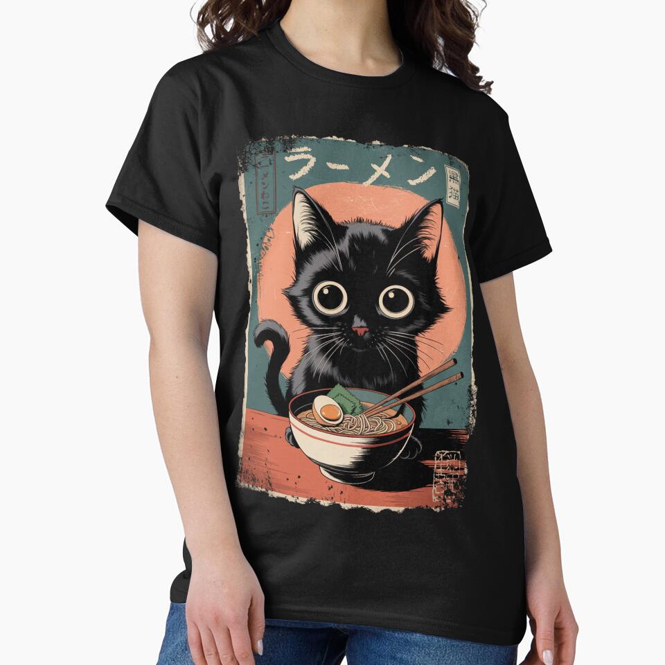 Kawaii Black Cat with Ramen - Ramen Cat Cute Vintage Style - Kawaii Anime Inspired by Damcoc