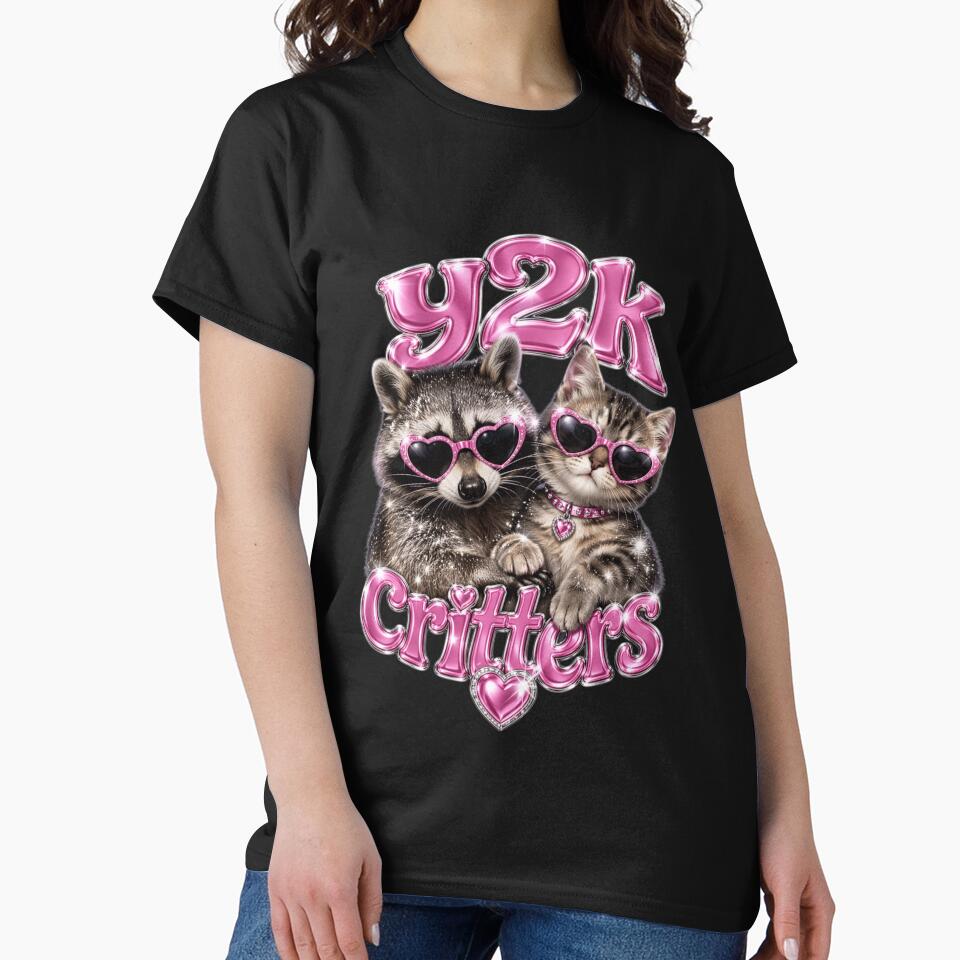 Y2K Glitter Raccoon & Cat T-Shirt | Sparkly Y2K Aesthetic by Ashley critters