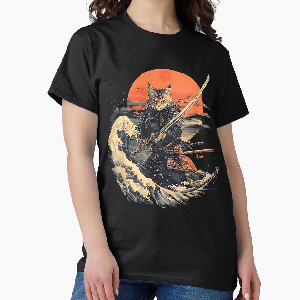 Samurai Cat Graphic Tee Warrior Vintage Japanese Art Anime by BASKF