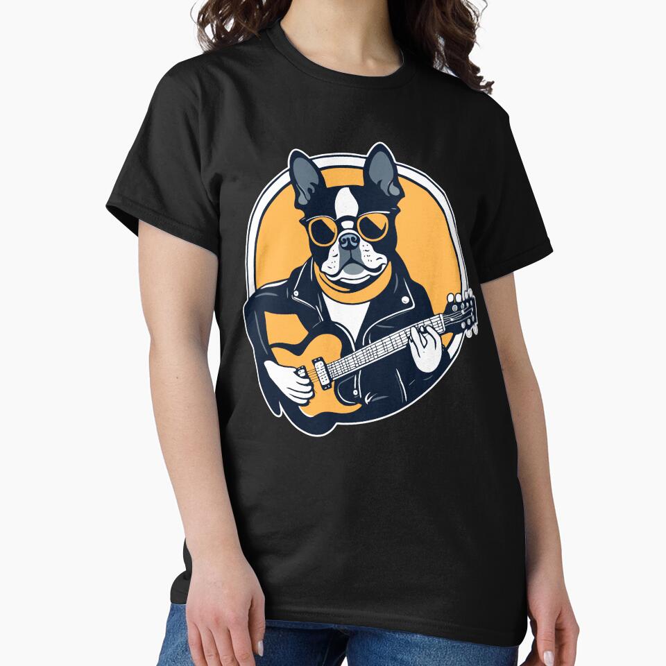 Boston Terrier Playing Guitar Wearing Sunglasses by Ameiva-Apparel
