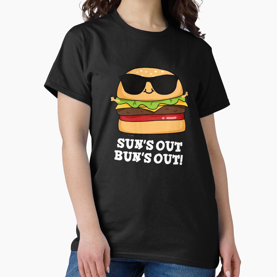 Sun's Out Bun's Out Funny Burger Puns (Dark BG) by punnybone