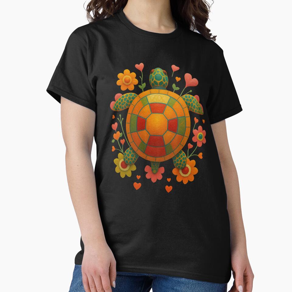 Colorful Folk Turtle with Flowers – Cute Boho Nature Design by M22--