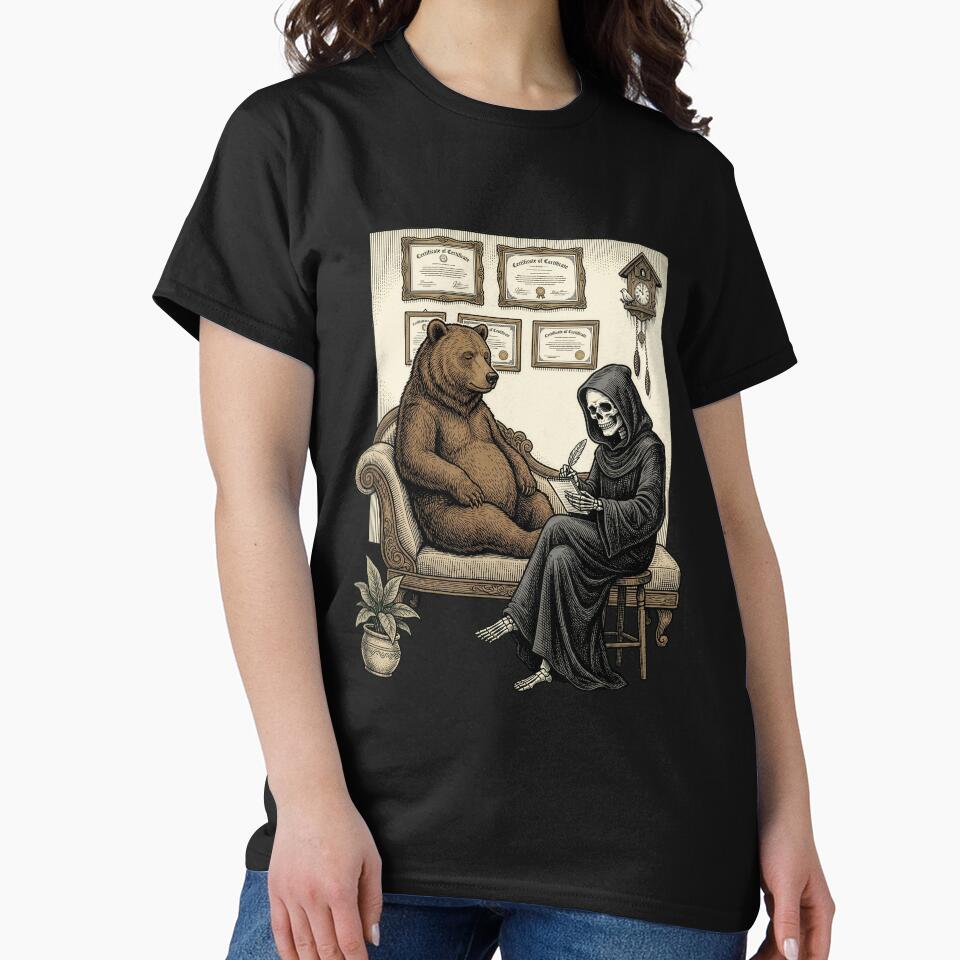 Bear in Therapy with Death — Dark Victorian Absurd Art by Lestari Studio