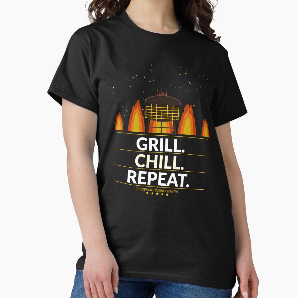 Grill Chill Repeat Shirt | Funny Memorial Day BBQ Gift for Dad Grill Master Summer by Daily Mood Tees