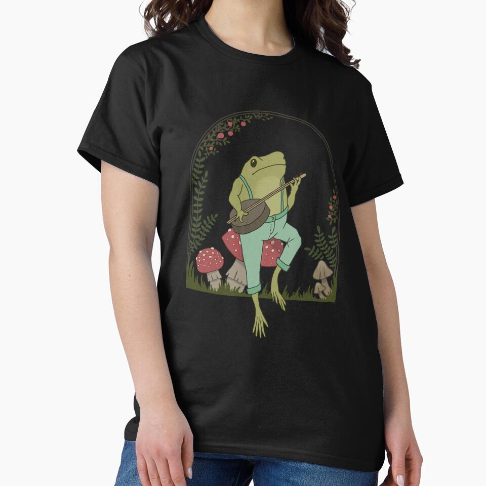 Cottagecore Aesthetic Frog Playing Banjo on Mushroom: Cute Vintage Goblincore Farmer Toad in Garden, Emo Grunge Fairycore by MinistryOfFrogs
