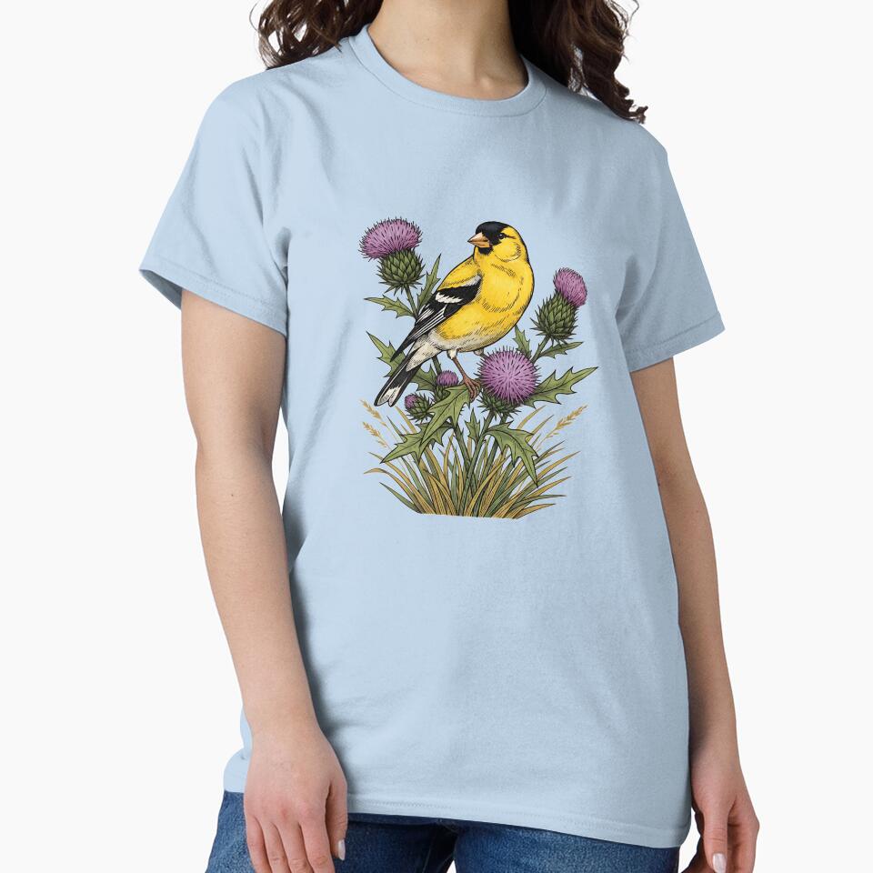 American Goldfinch Sitting Among Purple Thistle Bird Art by BirdsnStuff