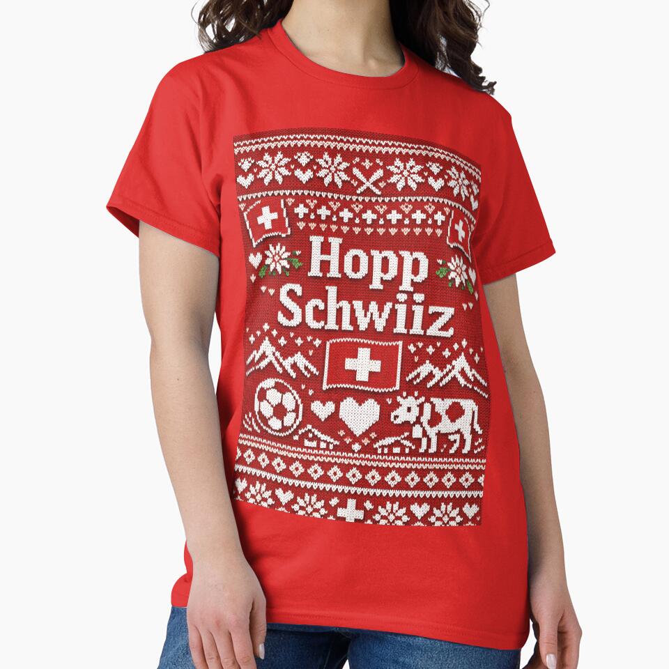 Hopp Schwiiz knitting design with cow and mountains by Mauswohn