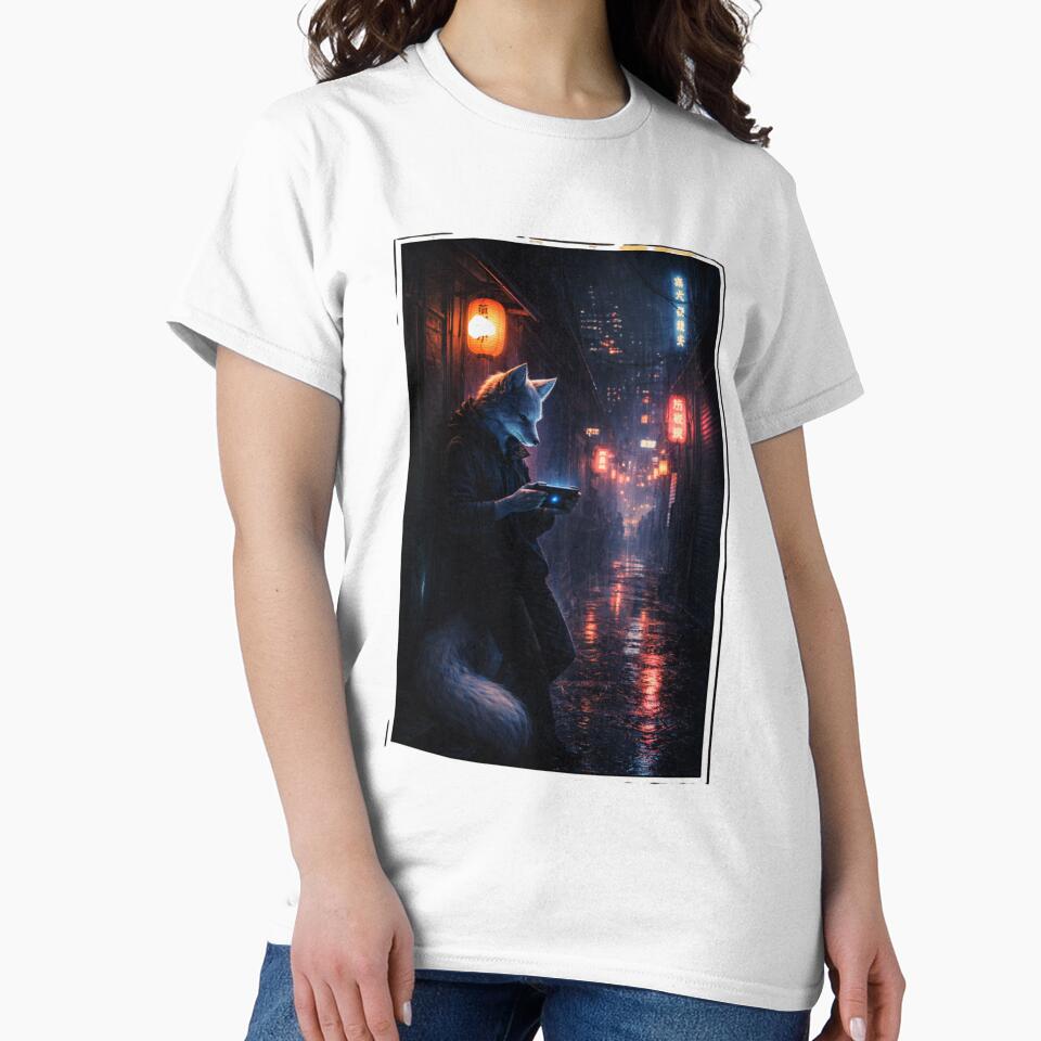 Neon Silence – Cyberpunk Wolf Gamer in the Rain by VireonTees