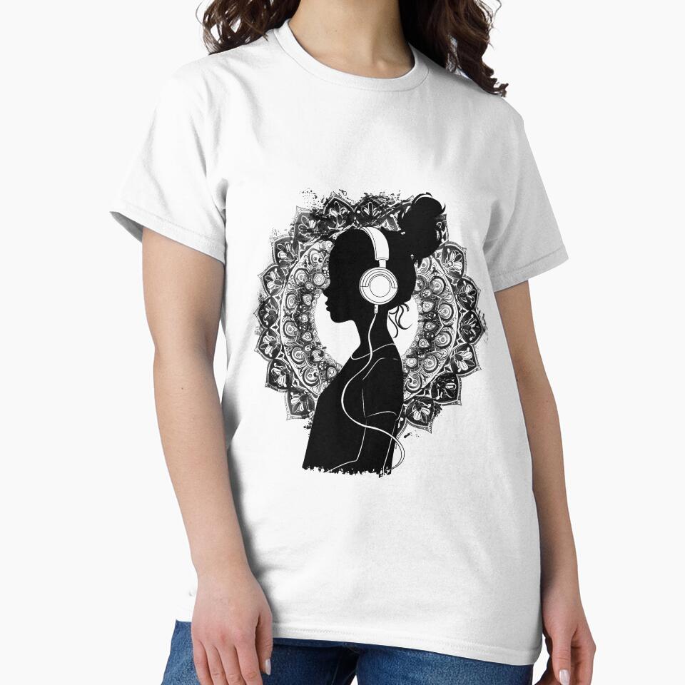 Mandala Music Girl Silhouette – Headphones Zen Boho Line Art by inkoutninja