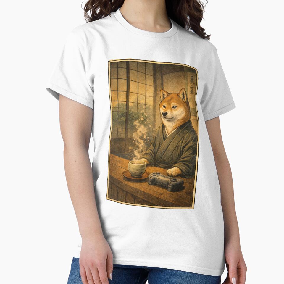 Zen Gamer Shiba – Samurai Dog Digital Art | Japanese Aesthetic Gaming T-Shirt by VireonTees