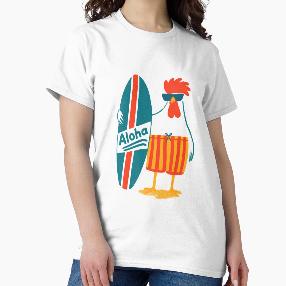 Surfing Rooster Aloha — Funny Summer Chicken with Surfboard Illustration by Colorful-Garden
