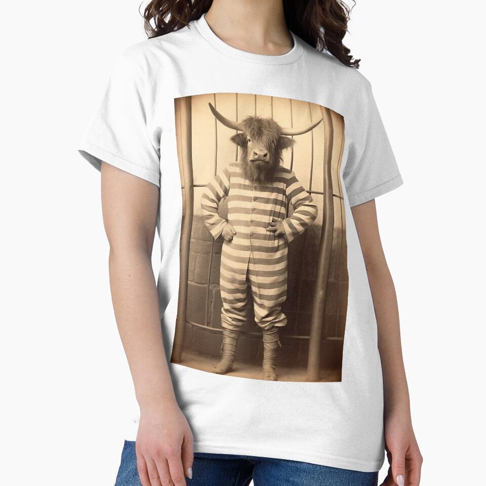 Highland Cow in Jail in a Striped Prison Suit, Funny Vintage by CheekyAnimalz