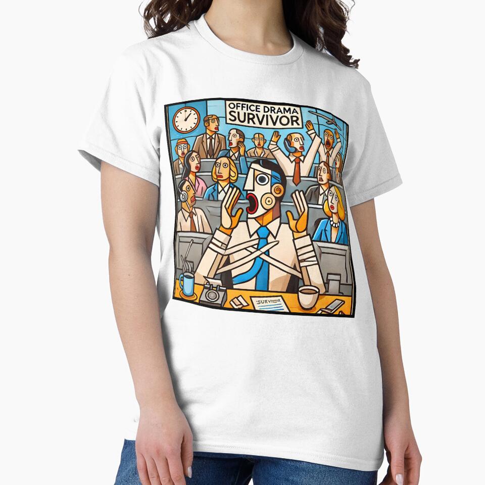 Office Drama Survivor – Funny Cubism Art T-Shirt by OzzFrequency