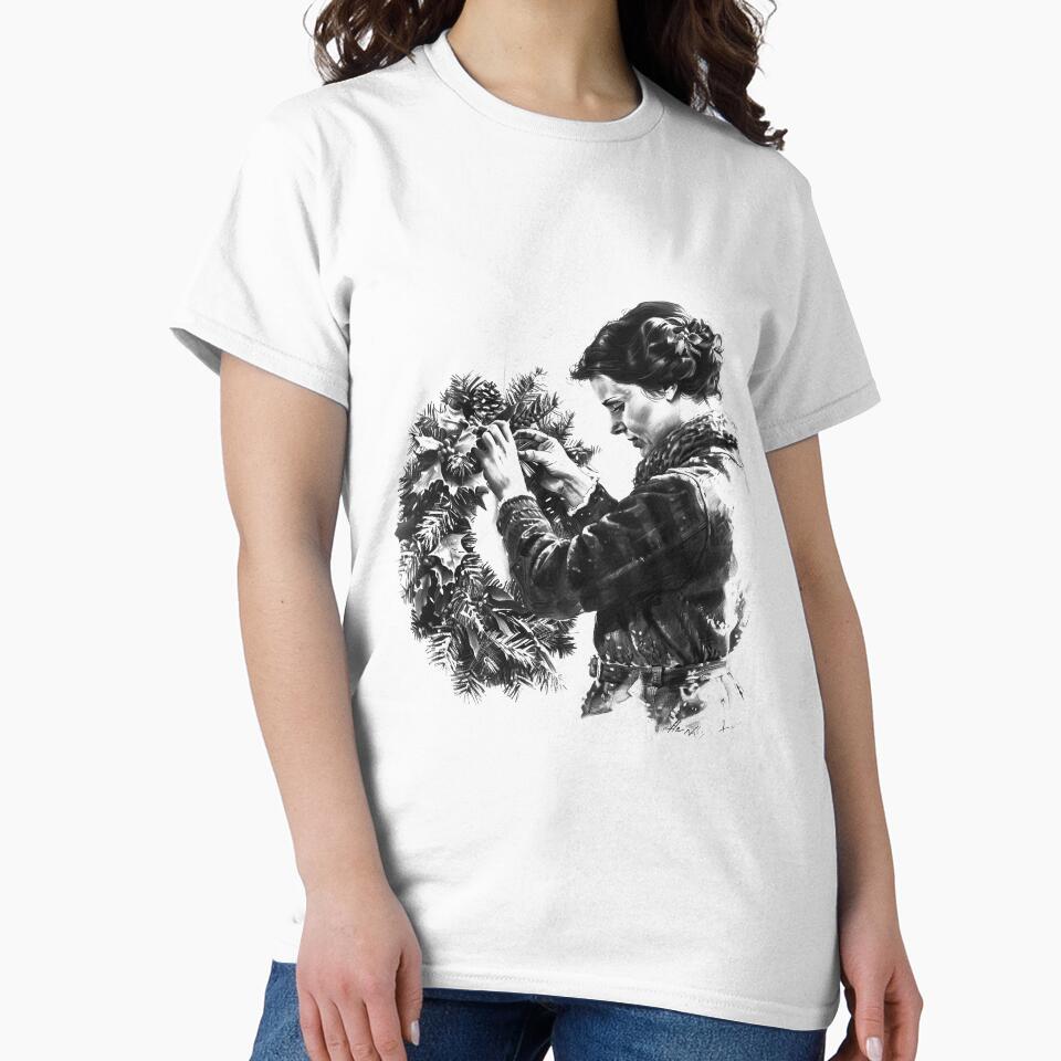 Woman Decorating Christmas Wreath – Black and White Holiday Illustration by inkoutninja